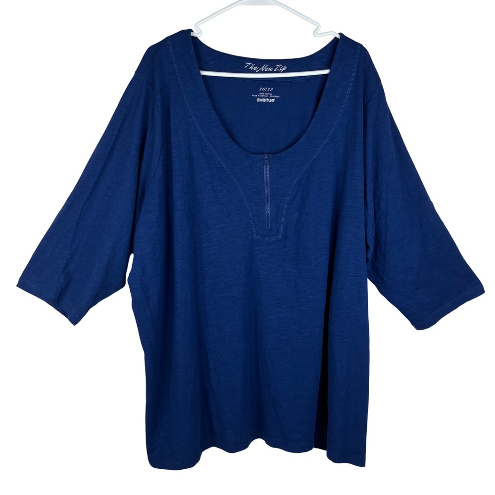 Avenue Top The New Zip Womens 30/32 Blue Cotton Slub 3/4 Sleeve 1/4 Zip Blouse
